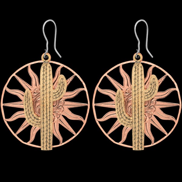 Named after the Saguaro cactus in New Mexico, the Cactus Earrings will add a Wild West flare to any outfit. Detailed with a unique cactus bronze figure and hand engraved sunny-shaped copper base. Order now!